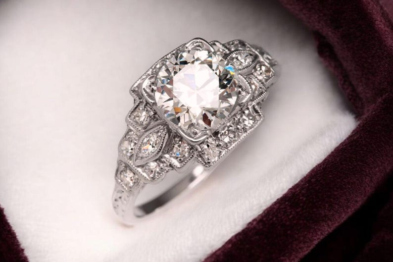 Engagement Ring — Vintage Engraved Shank Round Moissanite, White Gold Finish, 925 Sterling Silver