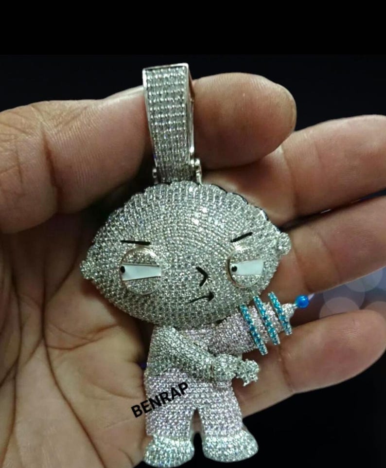 Hip Hop Pendant — Stewie Cartoon Medallion, White Gold Finish, 925 Sterling Silver