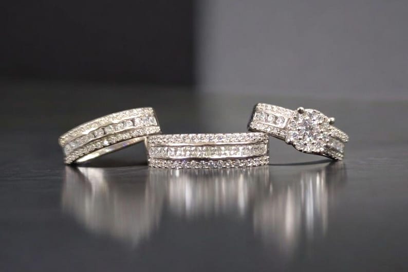 Bridal Trio Ring Set — Round Cut Diamond, White Gold Finish - view 2