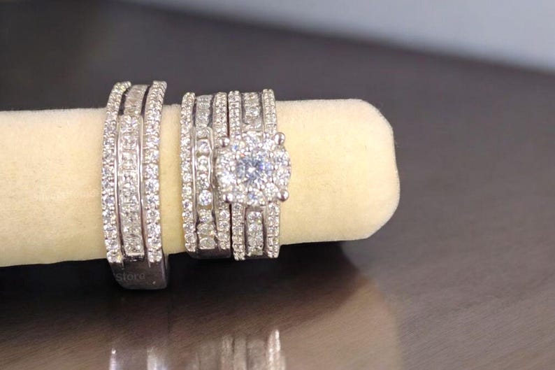 Bridal Trio Ring Set — Round Cut Diamond, White Gold Finish - view 3