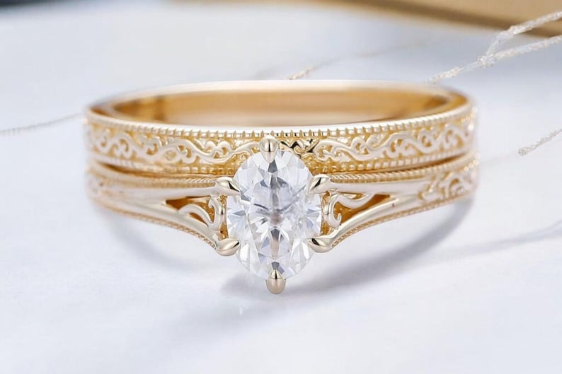 Bridal Ring Set — Marquise Cut Moissanite, Yellow Gold Finish, 925 Sterling Silver (2-Piece)