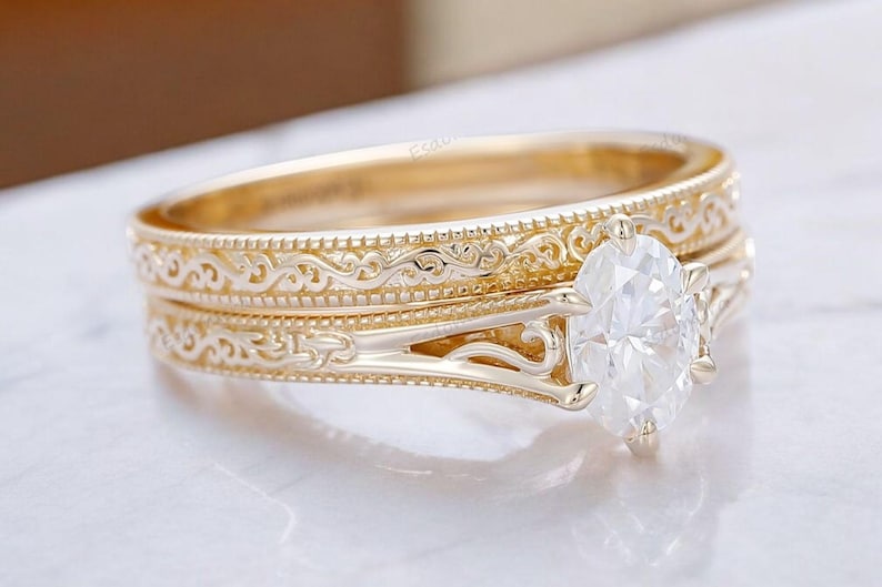 Bridal Ring Set — Marquise Cut Moissanite, Yellow Gold Finish, 925 Sterling Silver (2-Piece)