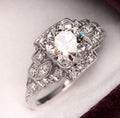 Engagement Ring — Vintage Engraved Shank Round Moissanite, White Gold Finish, 925 Sterling Silver