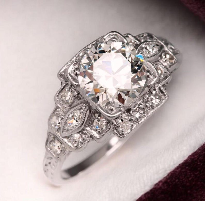 Engagement Ring — Vintage Engraved Shank Round Moissanite, White Gold Finish, 925 Sterling Silver