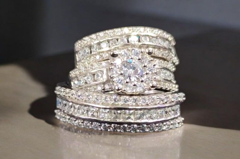 Bridal Trio Ring Set — Round Cut Diamond, White Gold Finish - view 4