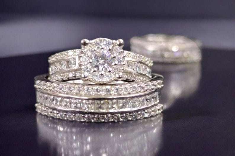 Bridal Trio Ring Set — Round Cut Diamond, White Gold Finish - view 5