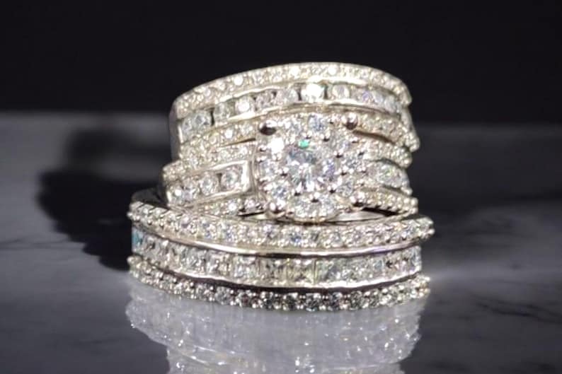 Bridal Trio Ring Set — Round Cut Diamond, White Gold Finish - view 1
