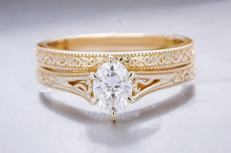 Bridal Ring Set — Marquise Cut Moissanite, Yellow Gold Finish, 925 Sterling Silver (2-Piece)