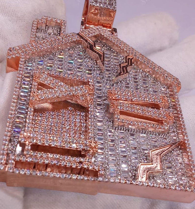 Hip Hop Pendant — Trap House Pendant, White Gold Finish, 925 Sterling Silver