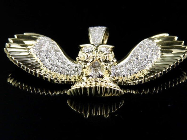 Hip Hop Pendant — Lucky Flying Owl Pendant, Yellow Gold Finish, 925 Sterling Silver