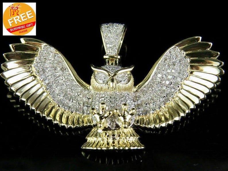 Hip Hop Pendant — Lucky Flying Owl Pendant, Yellow Gold Finish, 925 Sterling Silver