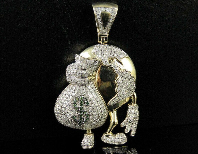 Hip Hop Pendant — Globe Money Bag Charm, Yellow Gold Finish, 925 Sterling Silver