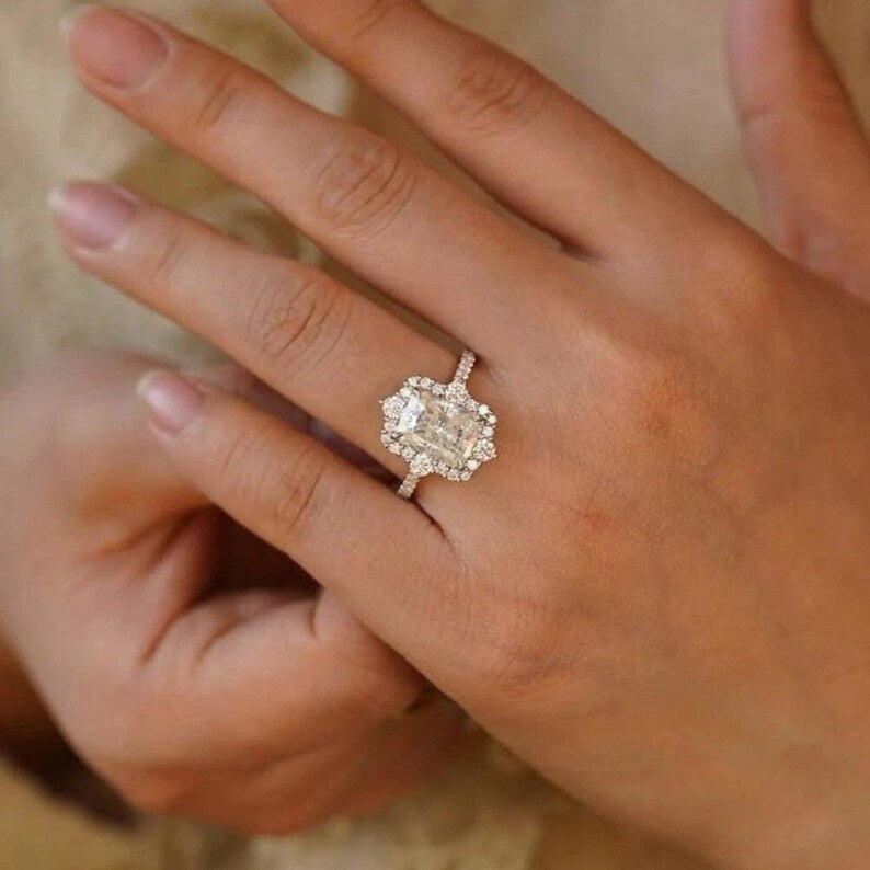 Bridal Ring Set — Radiant Cut Halo Moissanite