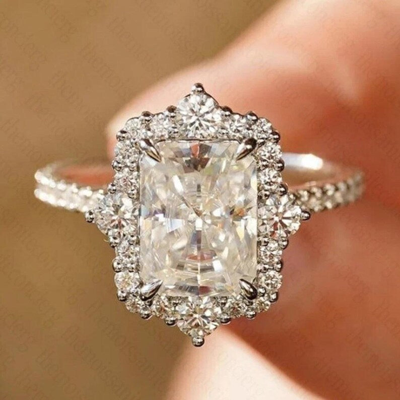 Bridal Ring Set — Radiant Cut Halo Moissanite