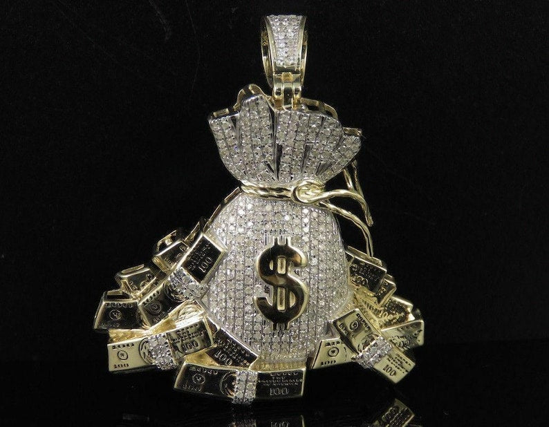 Hip Hop Pendant — Dollar Bag Charm, Yellow Gold Finish, 925 Sterling Silver