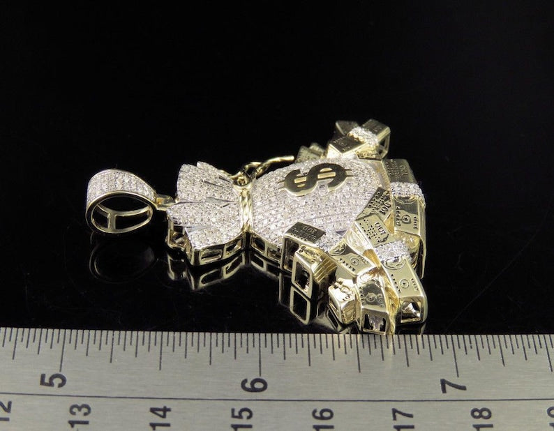 Hip Hop Pendant — Dollar Bag Charm, Yellow Gold Finish, 925 Sterling Silver