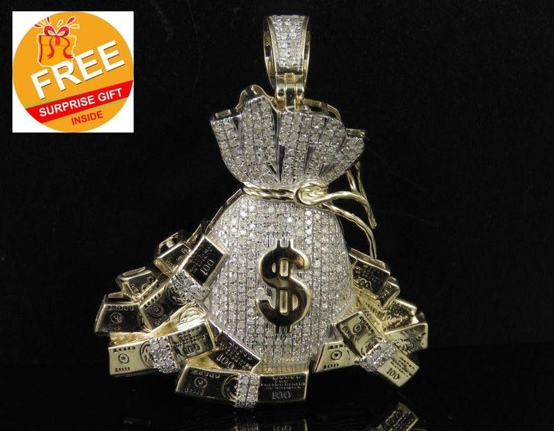 Hip Hop Pendant — Dollar Bag Charm, Yellow Gold Finish, 925 Sterling Silver