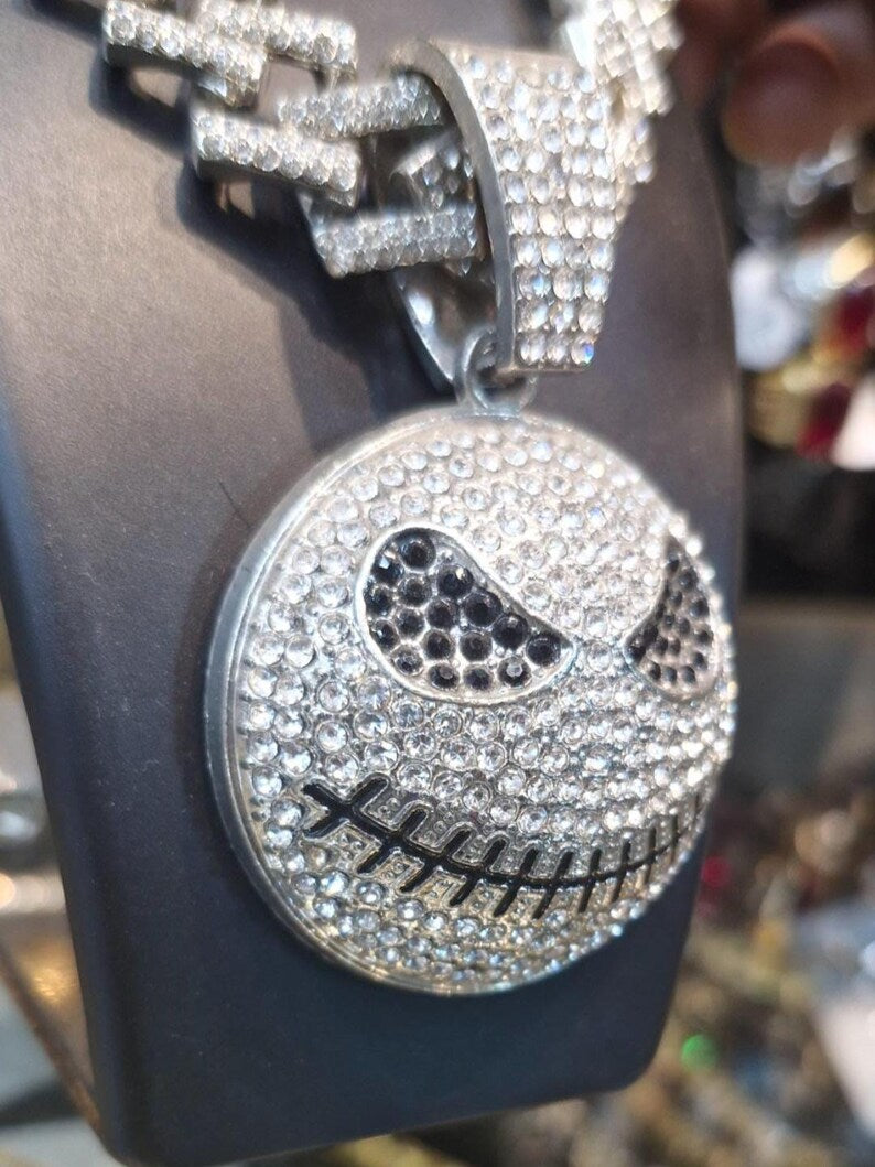 Hip Hop Pendant — Sparkling Skeleton Skull Face, White Gold Finish, 925 Sterling Silver