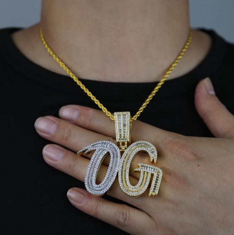 Hip Hop Pendant — Duo-Color Baguette Letter "OG", Yellow Gold Finish, 925 Sterling Silver