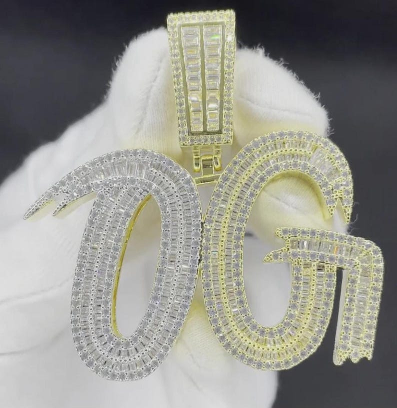 Hip Hop Pendant — Duo-Color Baguette Letter "OG", Yellow Gold Finish, 925 Sterling Silver