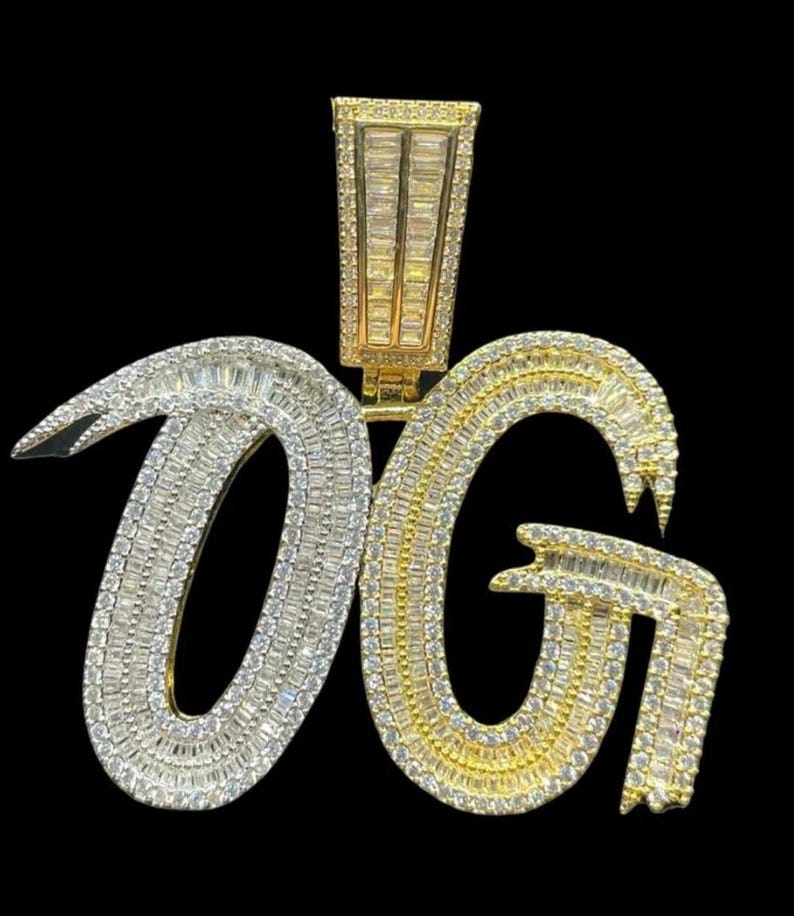 Hip Hop Pendant — Duo-Color Baguette Letter "OG", Yellow Gold Finish, 925 Sterling Silver