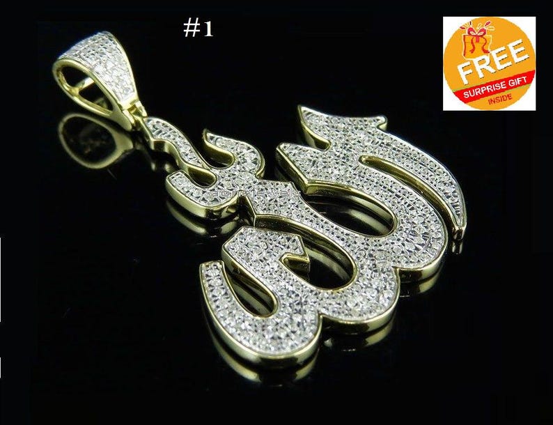 Hip Hop Pendant — Allah Ramadan Calligraphy Pendant, Yellow Gold Finish, 925 Sterling Silver