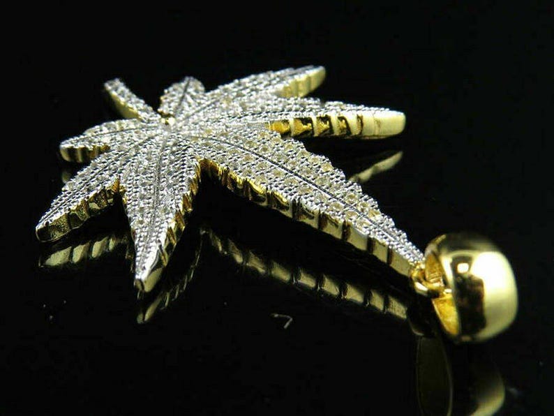 Hip Hop Pendant — Marijuana Leaf Charm, Yellow Gold Finish, 925 Sterling Silver