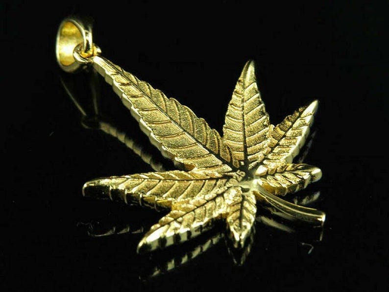 Hip Hop Pendant — Marijuana Leaf Charm, Yellow Gold Finish, 925 Sterling Silver