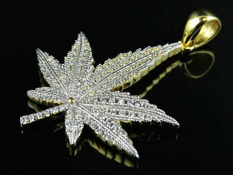 Hip Hop Pendant — Marijuana Leaf Charm, Yellow Gold Finish, 925 Sterling Silver