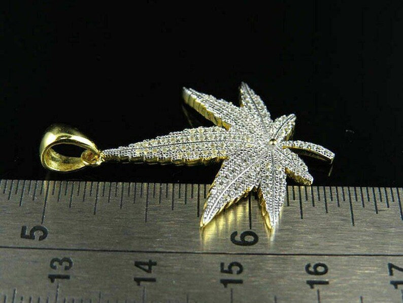 Hip Hop Pendant — Marijuana Leaf Charm, Yellow Gold Finish, 925 Sterling Silver