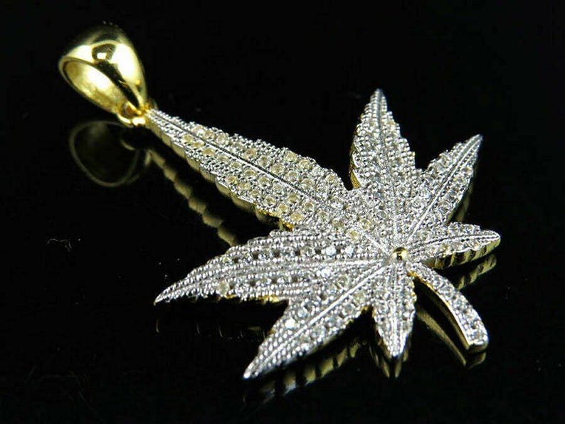 Hip Hop Pendant — Marijuana Leaf Charm, Yellow Gold Finish, 925 Sterling Silver