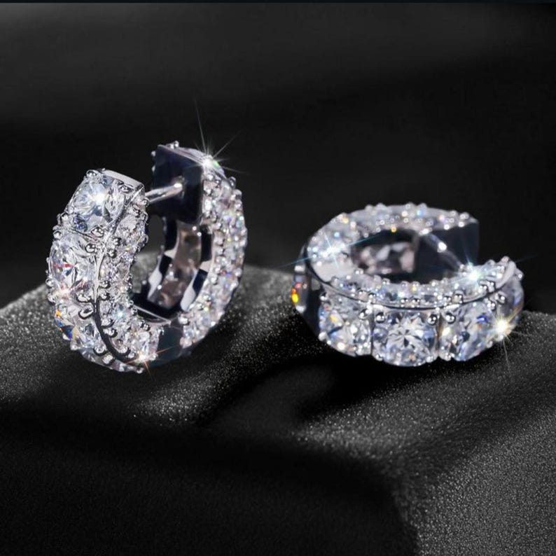 Stud Earrings — Huggie Hoop Moissanite, White Gold Finish, 925 Sterling Silver