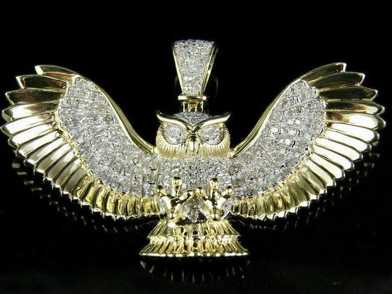 Hip Hop Pendant — Lucky Flying Owl Pendant, Yellow Gold Finish, 925 Sterling Silver