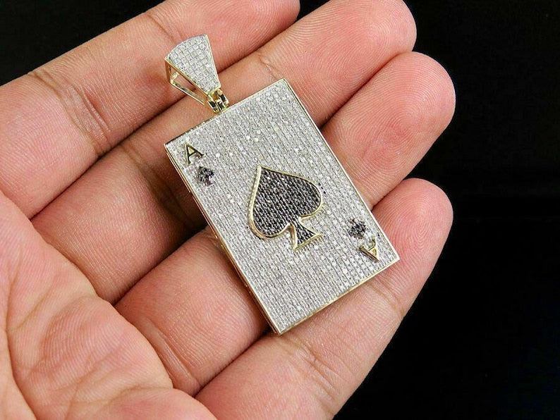 Hip Hop Pendant — Ace of Spades Poker Card, Yellow Gold Finish, 925 Sterling Silver