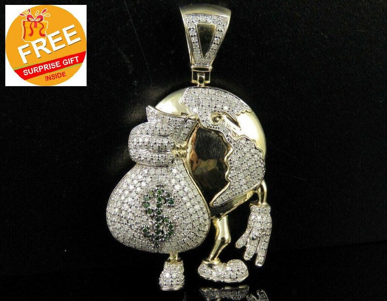 Hip Hop Pendant — Globe Money Bag Charm, Yellow Gold Finish, 925 Sterling Silver