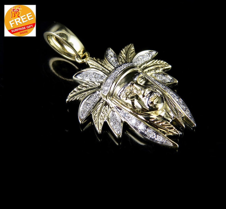 Hip Hop Pendant — Chief Head Medallion, Yellow Gold Finish, 925 Sterling Silver