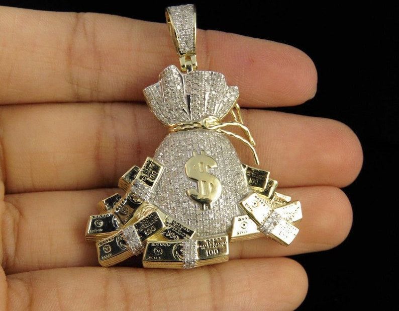 Hip Hop Pendant — Dollar Bag Charm, Yellow Gold Finish, 925 Sterling Silver
