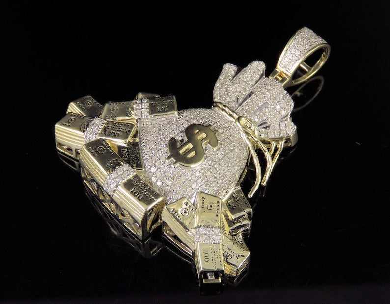 Hip Hop Pendant — Dollar Bag Charm, Yellow Gold Finish, 925 Sterling Silver