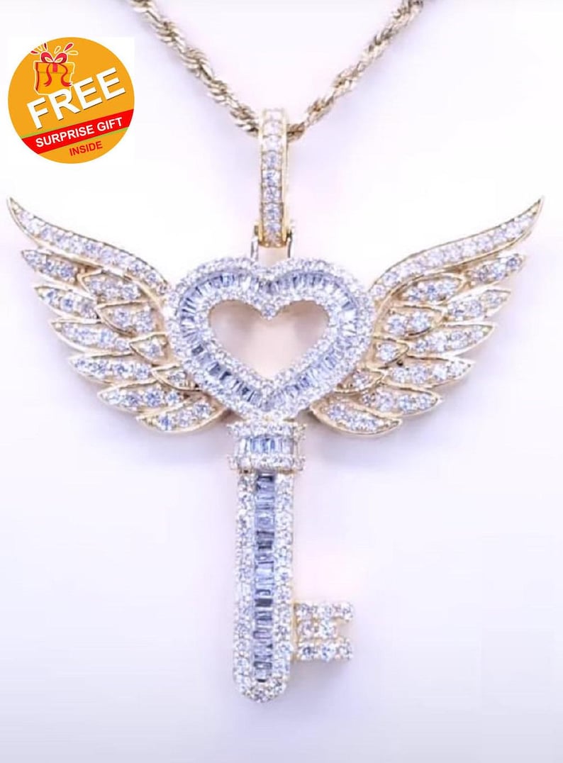 Hip Hop Pendant — Winged Heart Pendant, Yellow Gold Finish, 925 Sterling Silver