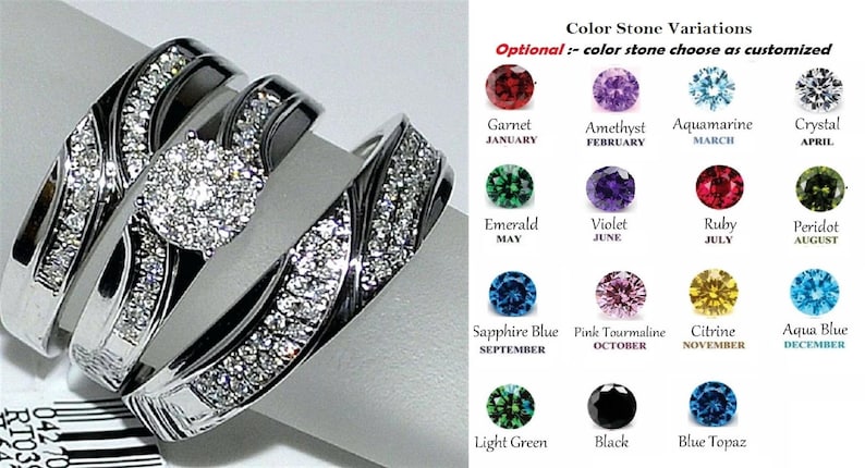 Bridal Trio Ring Set — Simulated Diamond, Yellow Gold Finish, 925 Sterling Silver (3-Piece) - view 4