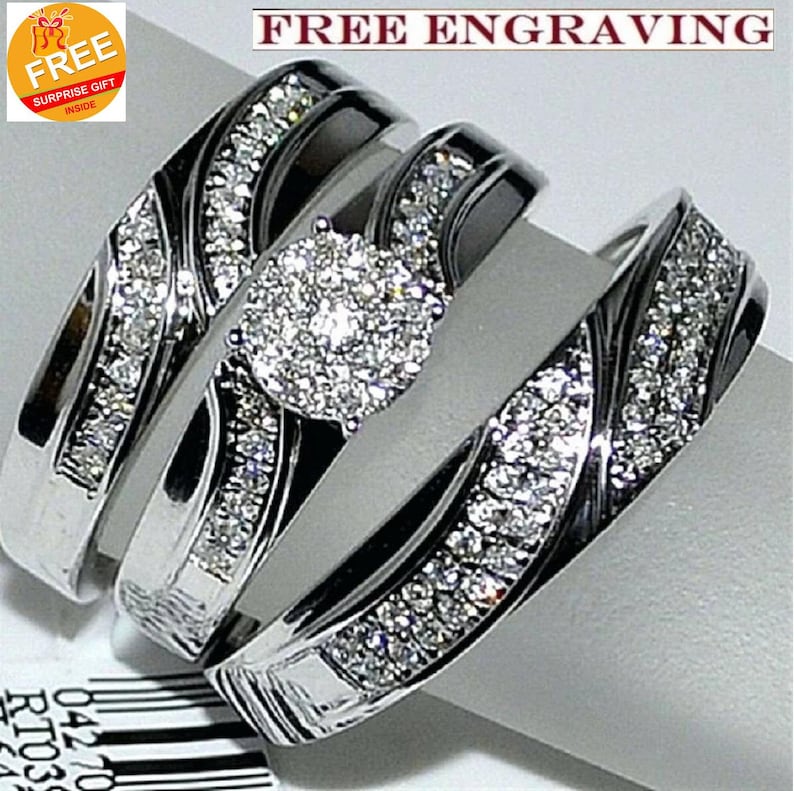 Bridal Trio Ring Set — Simulated Diamond, Yellow Gold Finish, 925 Sterling Silver (3-Piece) - view 2