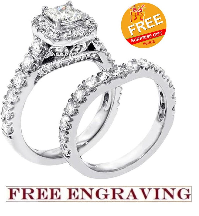 Bridal Ring Set — Princess Cut Heirloom Moissanite, Yellow Gold Finish, 925 Sterling Silver (2-Piece)