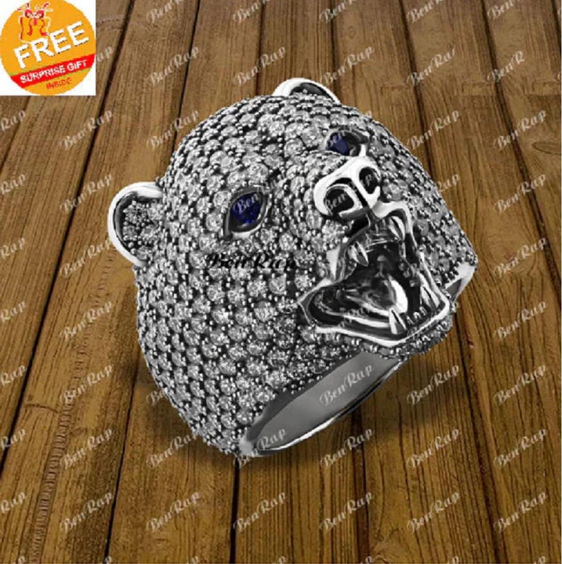 Men's Ring — Bear Head Design, Yellow Gold Finish, 925 Sterling Silver