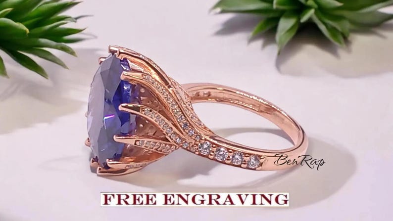 Bridal Ring Set — Round Cut Tanzanite, Rose Gold Finish, 925 Sterling Silver (2-Piece)