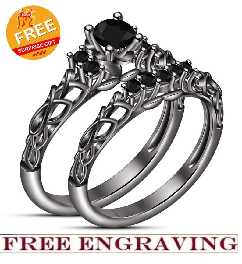 Bridal Ring Set — Round Cut Black Diamond, Black Rhodium Finish, 925 Sterling Silver (2-Piece)