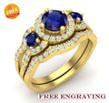 Bridal Ring Set — Blue Sapphire Vintage Style, Yellow Gold Finish, 925 Sterling Silver (2-Piece)