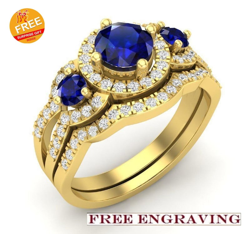 Bridal Ring Set — Blue Sapphire Vintage Style, Yellow Gold Finish, 925 Sterling Silver (2-Piece)