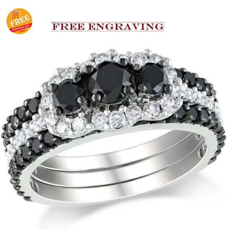 Bridal Ring Set — Black & White Striped Moissanite