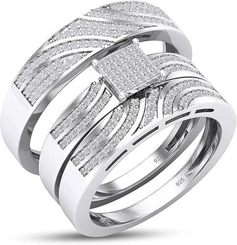 Bridal Trio Ring Set — 0.52 Ct Diamond Cluster, Yellow Gold Finish - view 3