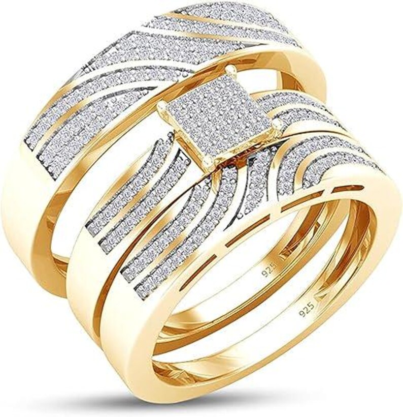 Bridal Trio Ring Set — 0.52 Ct Diamond Cluster, Yellow Gold Finish - view 5